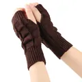 Detailed macro view of dark brown knitted fingerless gloves with textured basket-weave pattern - One Size / Coffee