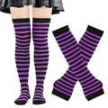 Purple and black striped thigh high socks and matching long arm warmers set for cosplay outfit. - Black and Light Mauve Striped