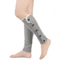Close-up of grey knit leg warmers featuring white lace trim and five decorative buttons - One Size / Light Gray