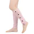 Detailed view of pink knitted leg warmers with delicate lace trim and black buttons - One Size / Pink