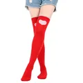 Close-up of red over-the-knee socks with pink heart pattern for Valentine's Day - One Size / Red Socks with Large Heart
