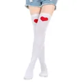 Detail view of white thigh-high over-the-knee socks with red heart motif - One Size / White Socks with Large Red Heart