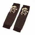 Brown knitted leg warmers featuring cream skull and crossbones gothic pattern - One Size / Coffee