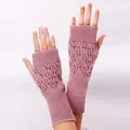 Dusty pink hollow-out knitted fingerless long gloves for women with elegant leaf pattern - One Size / Dusky Pink