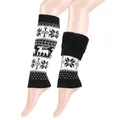 Detail view of winter knit leg warmers featuring festive reindeer and snowflake patterns. - One Size / Black