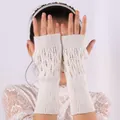 Elegant white knitted fingerless long gloves featuring a delicate hollow-out leaf pattern - One Size / White