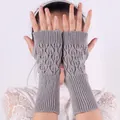 Elegant gray knitted fingerless long gloves with hollow leaf pattern for women's winter - One Size / Light Gray