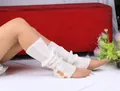 Soft white knitted leg warmers featuring three decorative buttons and vertical ribbed texture - One Size / White