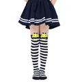 Detail view of children's black and white striped over-the-knee socks with cute 3D bee doll - Kids (7-12 Years) / Black & White Thin Stripes