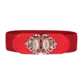 Vibrant red elastic wide belt with decorative rhinestone and cat-eye stone buckle. - 75cm / Red