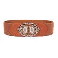 Elegant tan elastic wide waist belt with decorative rhinestone buckle for women's dresses - 75cm / Brown
