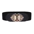 Women's wide black elastic corset belt with vintage ornate rhinestone gold buckle - 62cm / Black