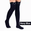 Kawaii navy blue over-the-knee stockings with a cute cat face cartoon animal pattern - One Size / Navy Blue