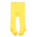 Close-up view of bright yellow infant footed leggings featuring soft ribbed knit fabric - M / Bottoms / Pure Yellow