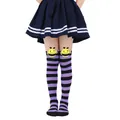 Close-up detail of children's purple striped over-the-knee socks featuring cute bee dolls. - Kids (7-12 Years) / Purple Black Striped