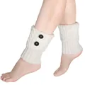 Close-up of white cable knit leg warmers with black buttons for boot decoration - One Size / Cable Knit Button Style / White