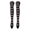 Detail view of black over-the-knee socks with pink bone cross print for Halloween - One Size / Pink Bone/Black Stockings