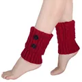 Detail of dark red cable knit boot cuffs featuring decorative black buttons worn on feet - One Size / Cable Knit Button Style / Burgundy