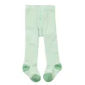 Detail shot of infant green and white striped footed leggings with reinforced toes - S / Bottoms / Sage Green Stripes