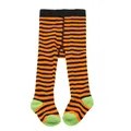 Detailed view of orange and black striped toddler leggings with green heels - M (6-12 Months) / Bottoms / Orange and Black / Thin Stripes