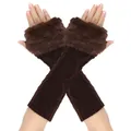 Warm long brown fingerless arm warmers with faux fur trim and diamond knit pattern - One Size / Coffee