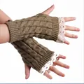 Detail view of cable knit fingerless gloves featuring delicate white lace trim accents - One Size / Half Finger Gloves (ST72) / Khaki