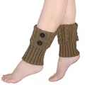 Detail view of khaki cable knit leg warmers with decorative black buttons on feet - One Size / Cable Knit Button Style / Khaki
