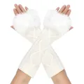 Long fingerless arm warmers with faux fur trim and diamond knit pattern in white - One Size / White