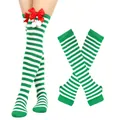Weihnachtsset mit grün-weiß gestreiften Overknee-Socken und Armstulpen mit roten Schleifen. - Einheitsgröße / Set / Grün-weiß gestreift