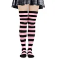 Vue détaillée des chaussettes hautes à rayures horizontales roses et noires de fête - Taille unique / Rayures Larges (59) / 1 Paire / Noir + Rose