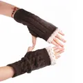 Detailed view of women's brown knitted fingerless gloves featuring delicate white lace trim - One Size / Half Finger Gloves (ST72) / Coffee