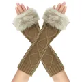 Khaki knitted long fingerless gloves with fluffy faux fur trim and diamond pattern - One Size / Khaki