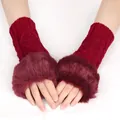 Close-up of burgundy knit fingerless gloves with soft faux fur trim for winter warmth. - One Size / Burgundy