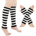 Komplettansicht der schwarz-weiß gestreiften Strick-Beinstulpen und Handschuhe - Kleine Größe / Set / Schwarz und Weiß Gestreift