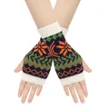 Close-up view of snowflake pattern knitted fingerless gloves worn by model - One Size / White