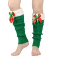 Detail view of green knit Christmas leg warmers with plush trim and red ribbons - One Size / Green