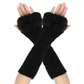 Long black knitted fingerless gloves for women with elegant faux fur trim and diamond pattern - One Size / Black