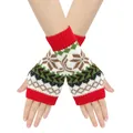Detailed close-up of Christmas snowflake pattern on red and white knitted gloves. - One Size / Red