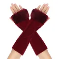 Winter long burgundy fingerless gloves with faux fur trim and cable diamond knit pattern - One Size / Burgundy