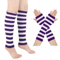 Detail des lila-weiß gestreiften Strick-Beinstulpen und fingerlosen Handschuhe Sets - Kleine Größe / Set / Lila und Weiß Gestreift