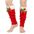 Red Christmas knitted leg warmers with white plush trim and festive bow detail. - One Size / Red