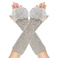 Elegant long knitted fingerless arm warmers with grey faux fur trim in soft light grey. - One Size / Light Gray