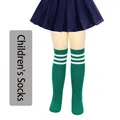 Children's green knee high socks with three white stripes for school and cosplay - One Size (7-12 Years) / Dark Green with White Stripes