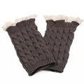 Detail view of dark brown knitted boot toppers with delicate cream lace trim detail - One Size / Dark Gray