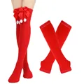 Festliche rote Weihnachts-Overknee-Strümpfe mit Schleifen und passenden Armstulpen-Set - Einheitsgröße / Set / Einfarbig Rot
