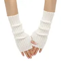 Close-up of white knitted fingerless gloves featuring a thumb hole and ribbed texture. - One Size / White