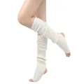 Detailed view of white 50cm knitted ballet leg warmers featuring a stirrup heel design - One Size / White