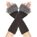 Long fingerless knit arm warmers in dark brown featuring elegant grey faux fur trim. - One Size / Dark Gray