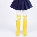 Vibrant yellow children's knee-high knitted socks with three white stripes for girls - One Size (7-12 Years) / Yellow with White Stripes