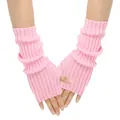 Macro detail view of soft pink ribbed knit fingerless gloves for women, worn on hands - One Size / Pink